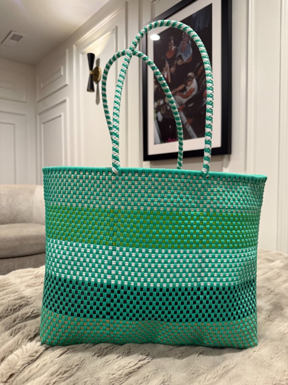Artisan Woven Market Tote Turquoise and Green Striped Beach Bag